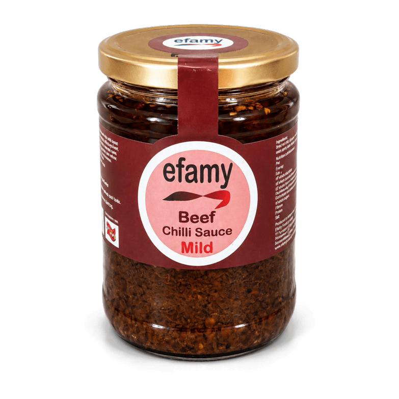 Jar of Efamy beef chilli sauce, mild