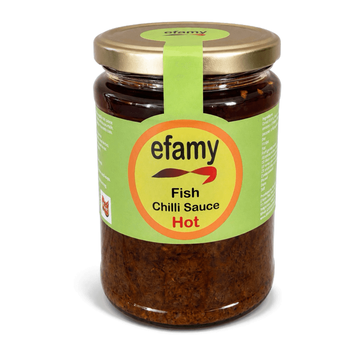 Jar of Efamy fish chilli sauce with a green label