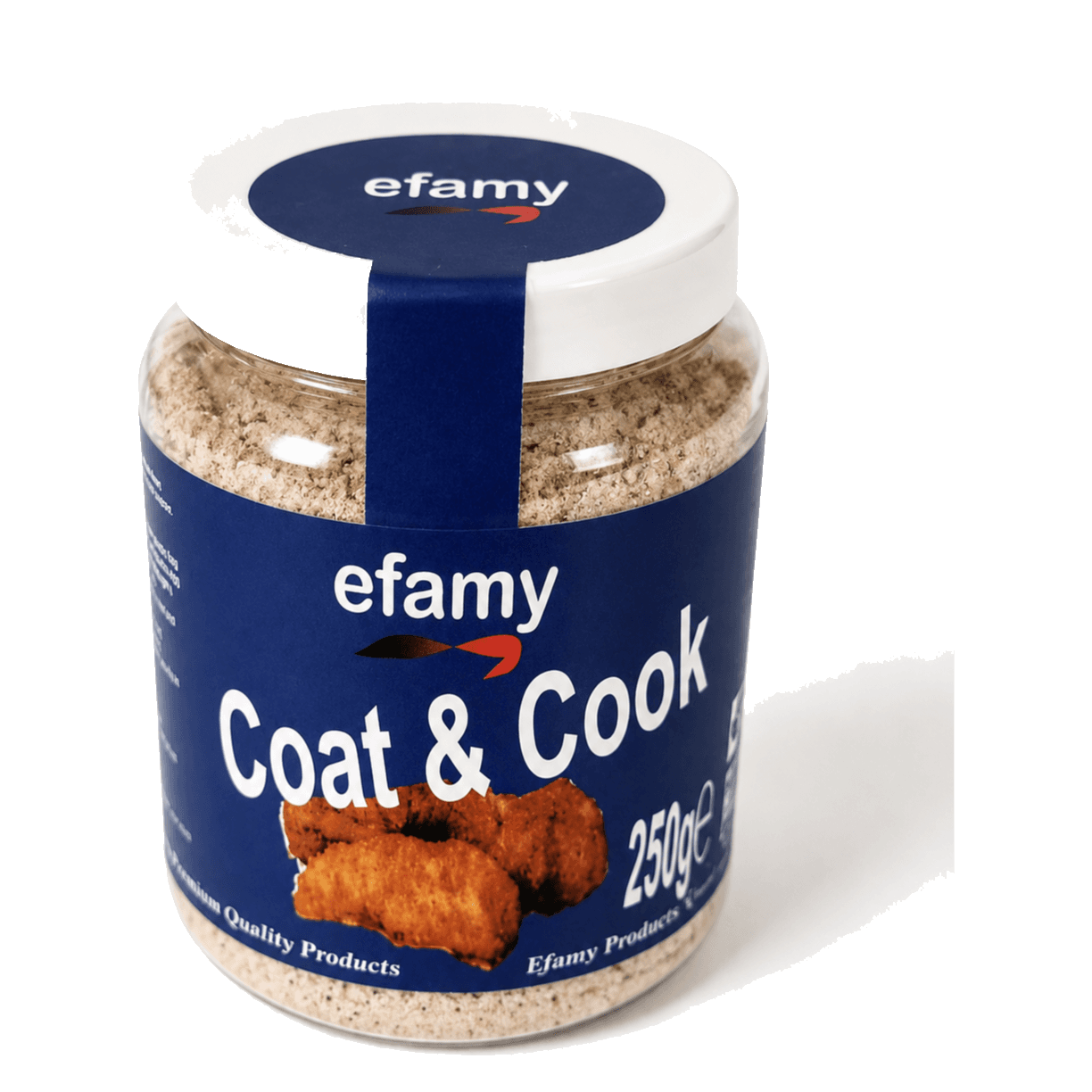 Jar of Efamy Coat & Cook seasoned coating mix, 250g