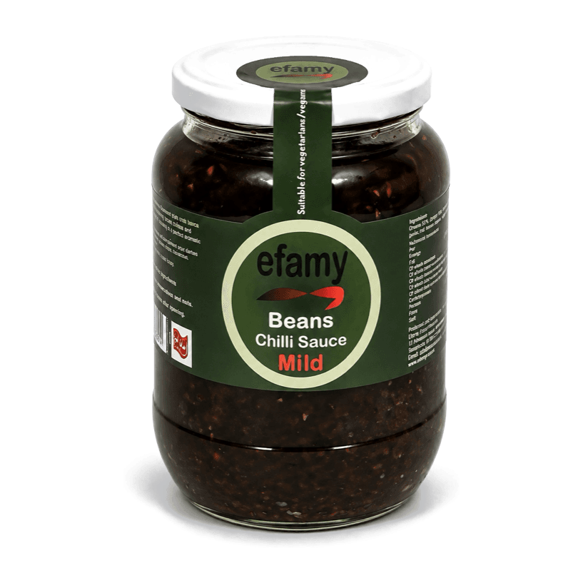 Jar of Efamy beans chilli sauce with a dark green label