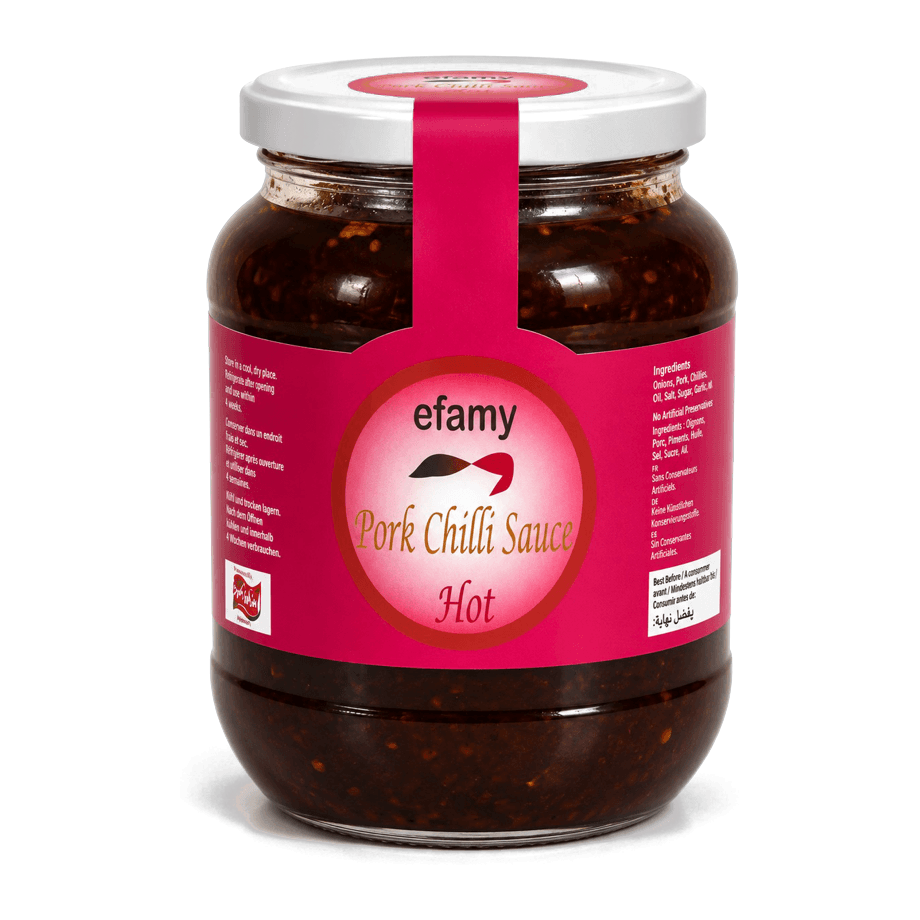 Jar of Efamy pork chilli sauce with a pink label